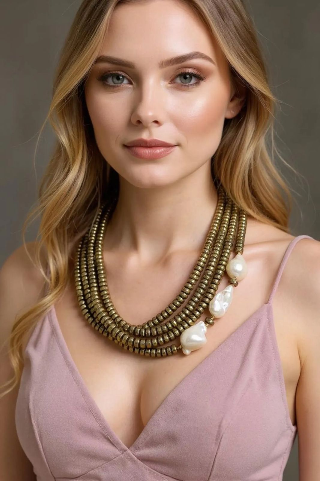 Handmade Multi-Strand Brass Bead Necklace with Natural Baroque Pearl Accents – Boho Statement Jewelry