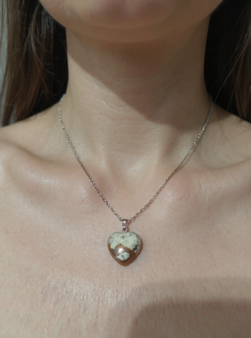 🤎 Natural Jasper Heart Necklace – Stainless Steel Chain