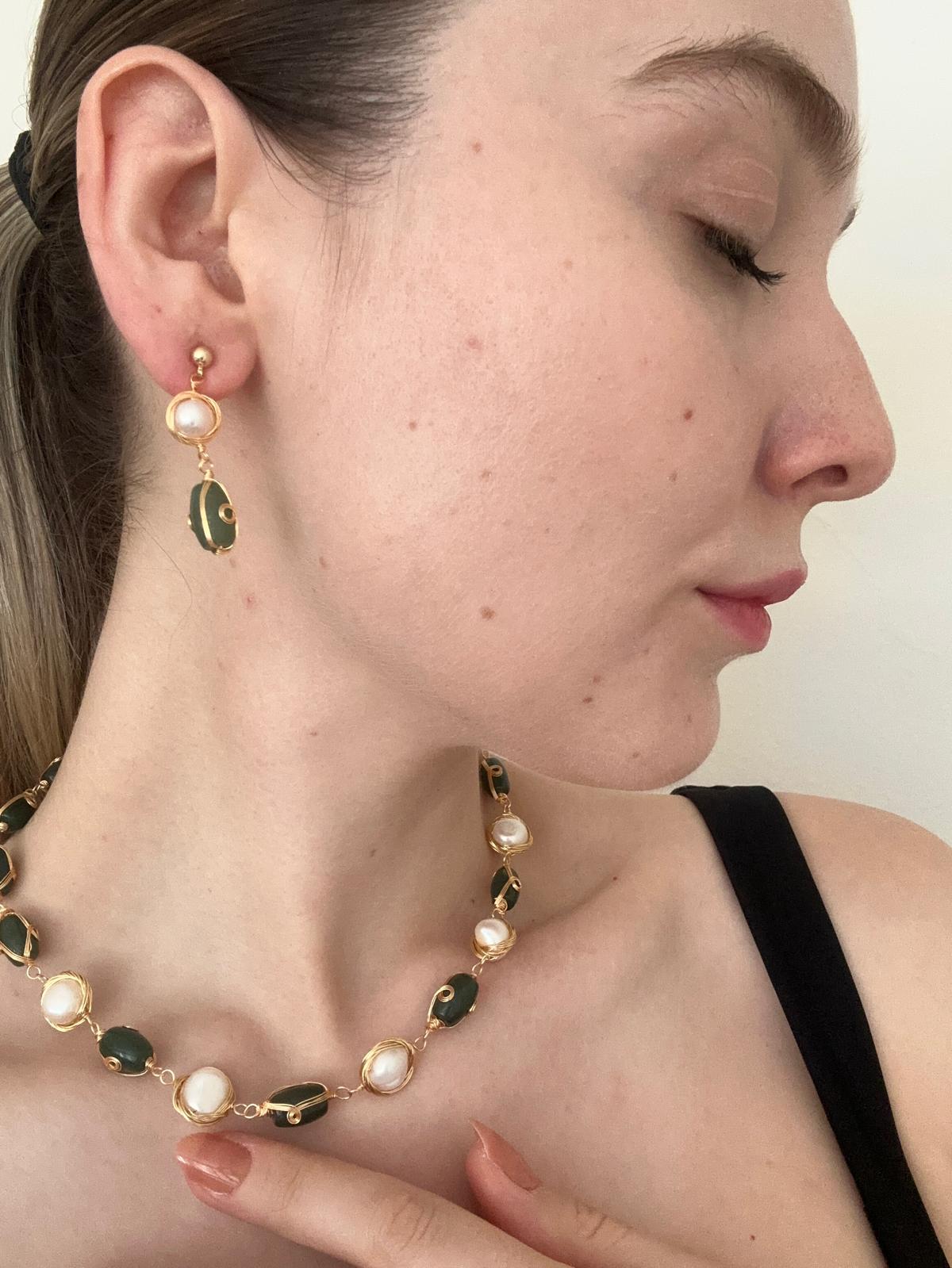 🌿 Handmade Limited Edition Pearl & Green Stone Necklace & Earring Set