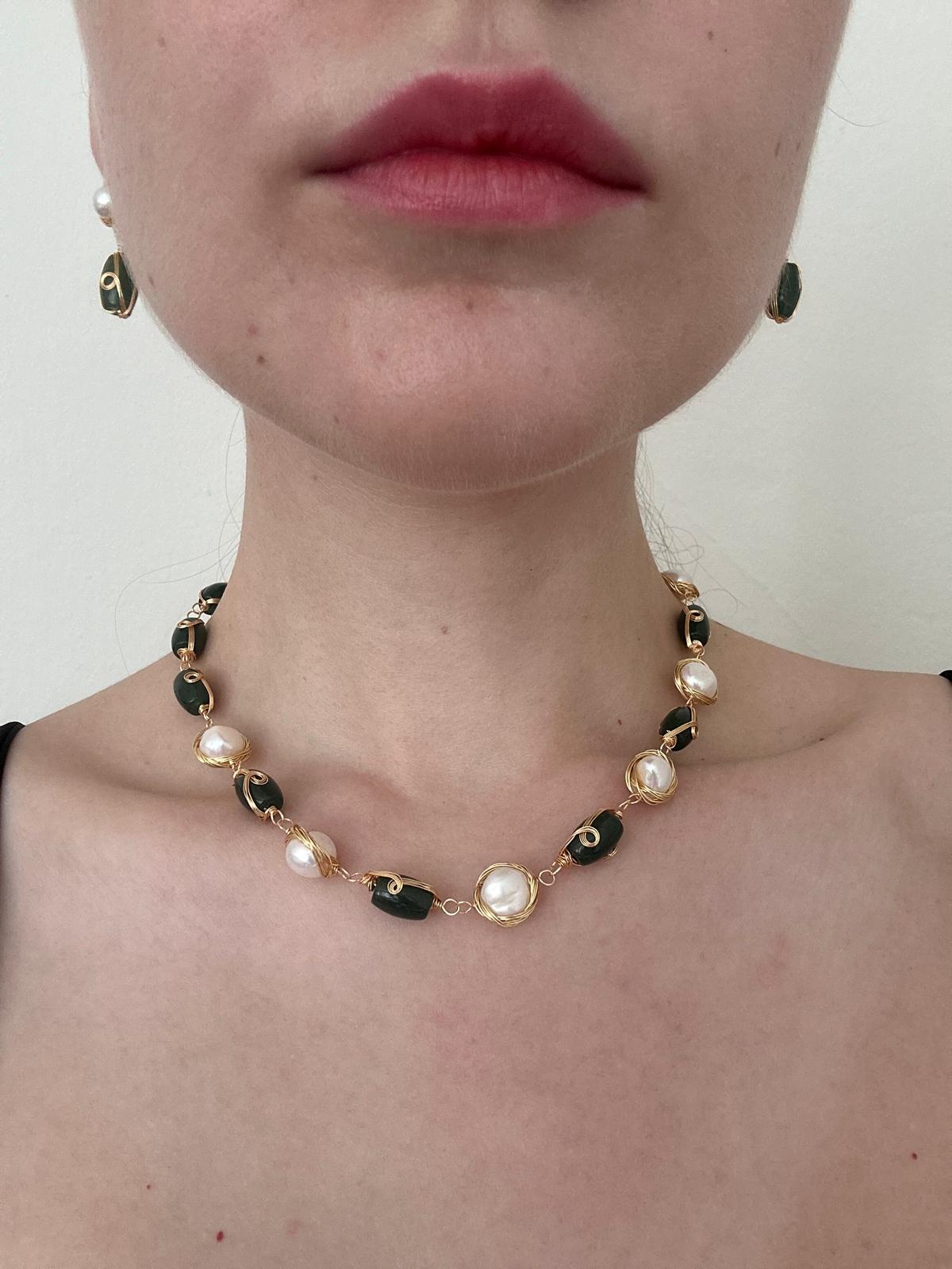🌿 Handmade Limited Edition Pearl & Green Stone Necklace & Earring Set