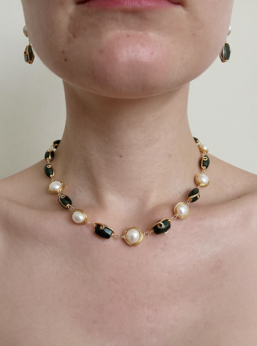 🌿 Handmade Limited Edition Pearl & Green Stone Necklace & Earring Set