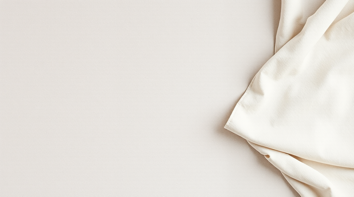 Soft pale greige linen laid flat in warm daylight, with a single fold at the right edge