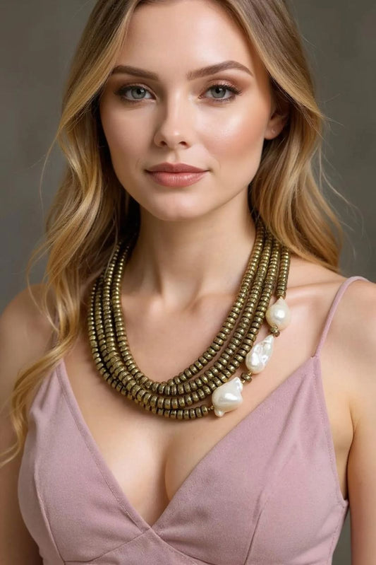 Handmade Multi-Strand Brass Bead Necklace with Natural Baroque Pearl Accents – Boho Statement Jewelry