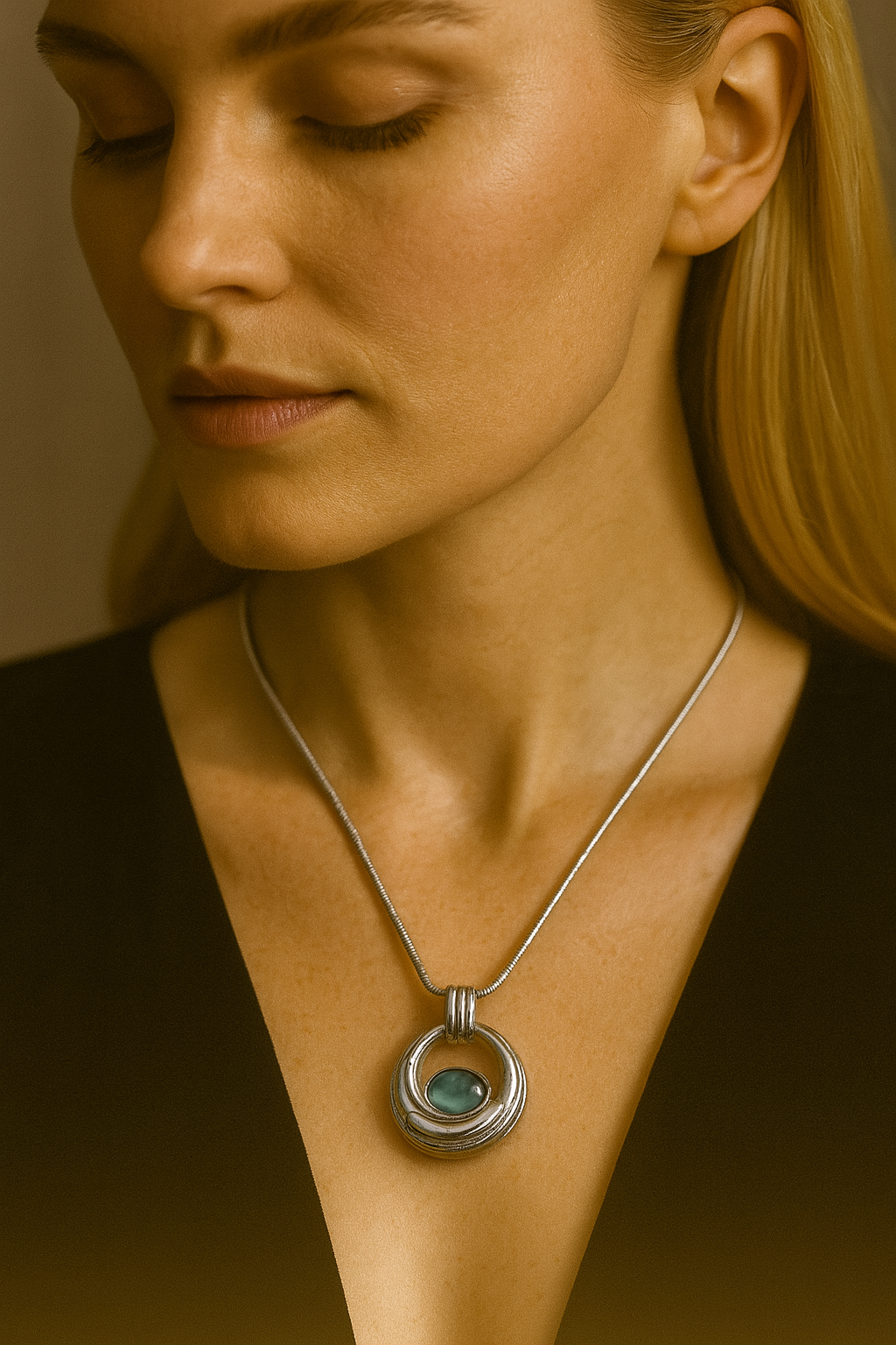 Silver Circle Pendant Necklace with Blue Stone – Modern Minimalist Elegance