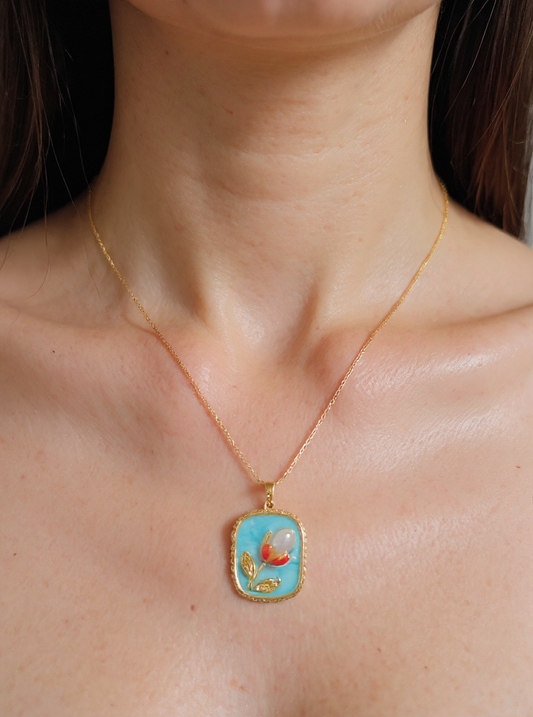 🌸 Gold Plated Stainless Steel Turquoise Flower Necklace