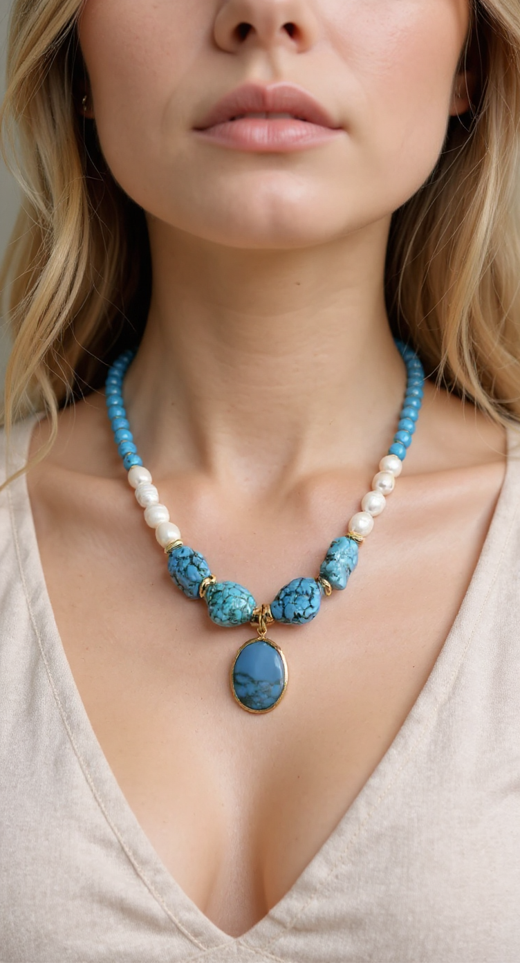 El Yapımı Turkuaz ve İnci Kolye ve Doğal Taşlı Kolye
