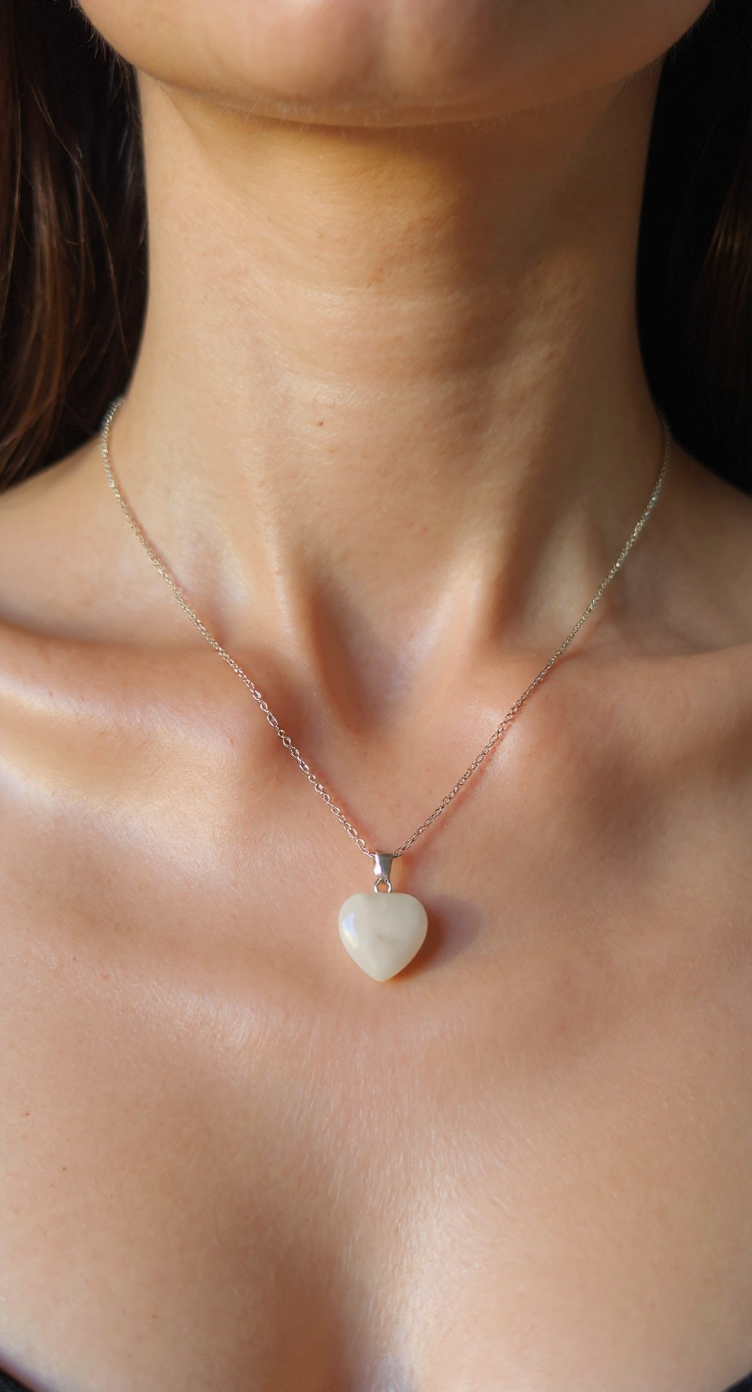 🌙 Natural Moonstone Heart Necklace – Stainless Steel Chain